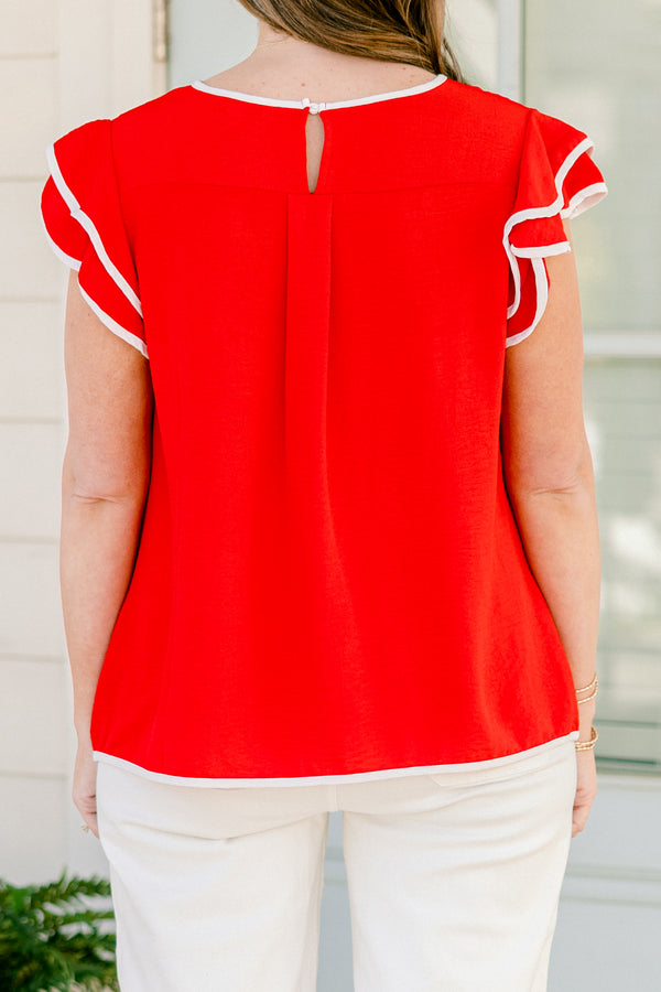 Chic Soul plus size clothing, short-flutter-sleeve bright red top with a halter neck and a subtle white trim along the neckline and sleeves 