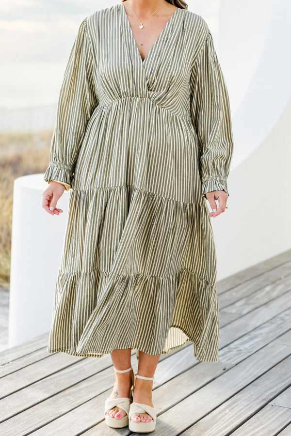 Chic Soul plus size clothing, grey pin stripe print long sleeve maxi dress with cinched waist with v neckline and cuff sleeves