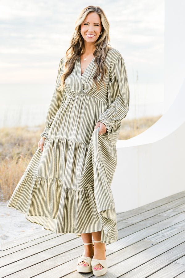 Chic Soul plus size clothing, grey pin stripe print long sleeve maxi dress with cinched waist with v neckline and cuff sleeves
