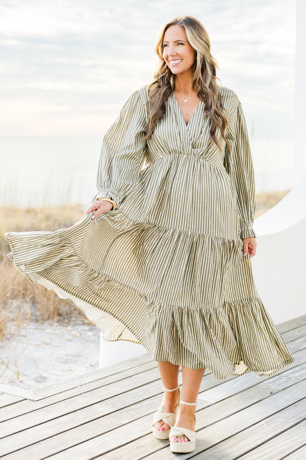 Chic Soul plus size clothing, grey pin stripe print long sleeve maxi dress with cinched waist with v neckline and cuff sleeves