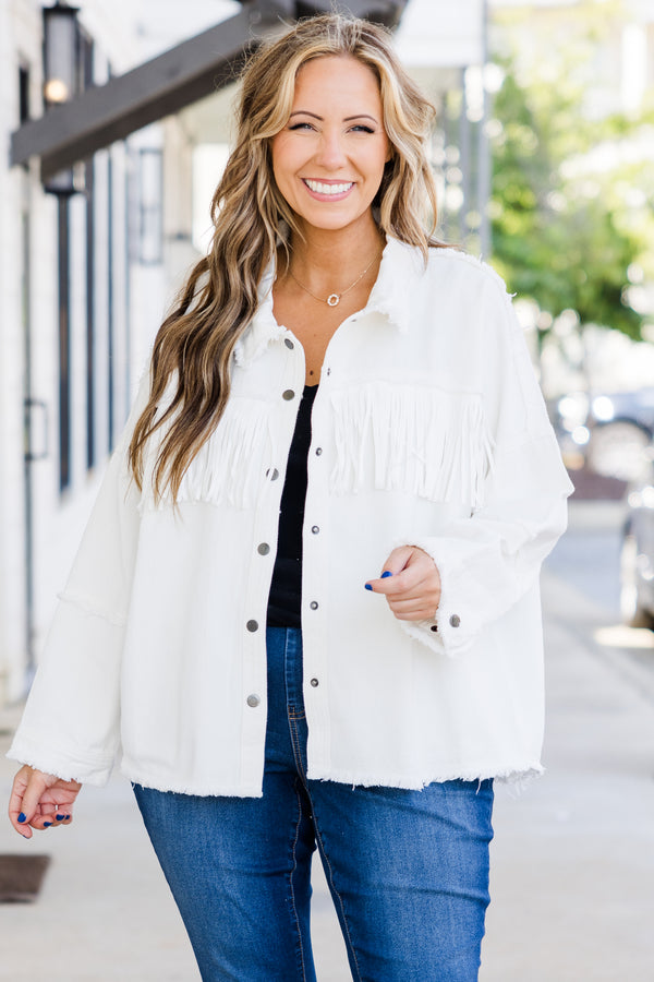 Chic Soul plus size clothing, long-sleeve white denim jacket with collar and silver button detailing with fringe along bodice