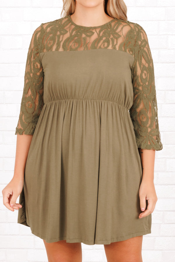 Chic Soul plus size clothing, olive green flowy babydoll dress with lace detailing on shoulders and sleeves