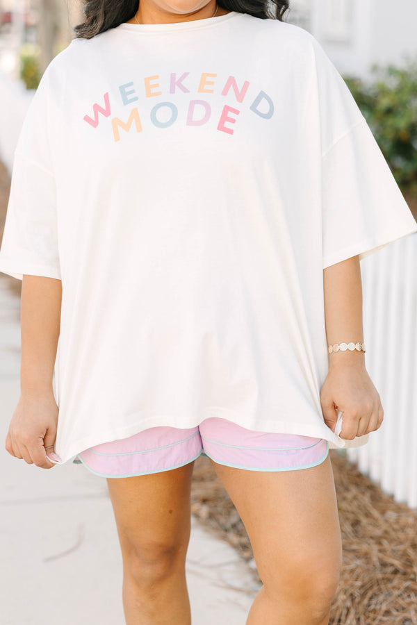 Chic Soul plus size clothing, ivory oversized boyfriend tee with colorful lettering spelling out 'WEEKEND MODE'