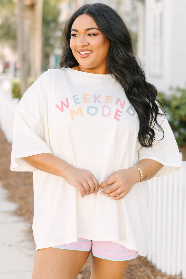 Chic Soul plus size clothing, ivory oversized boyfriend tee with colorful lettering spelling out 'WEEKEND MODE'