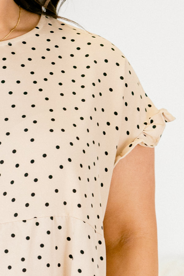 Chic Soul plus size clothing, tan short sleeve top with black polka dots and ruffle details at the end of the sleeves