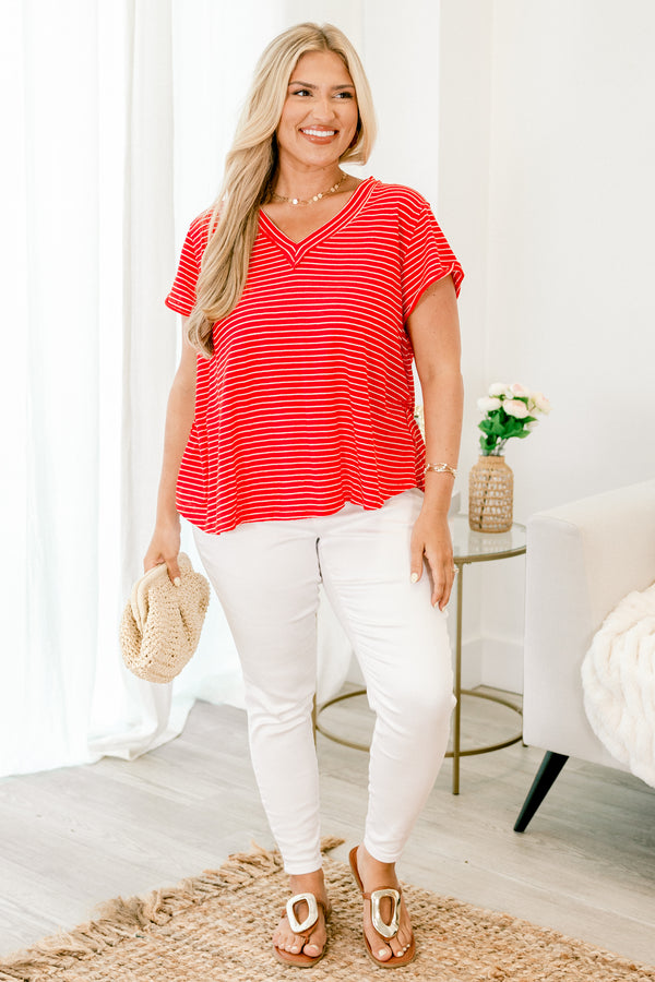 Chic Soul plus size clothing, tomato red and white striped short sleeve casual comfy top