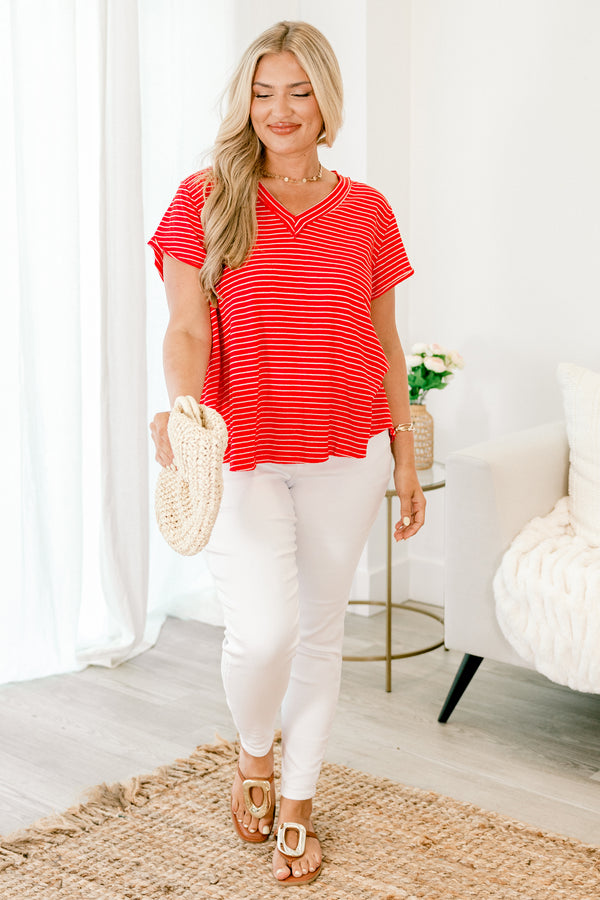 Chic Soul plus size clothing, tomato red and white striped short sleeve casual comfy top