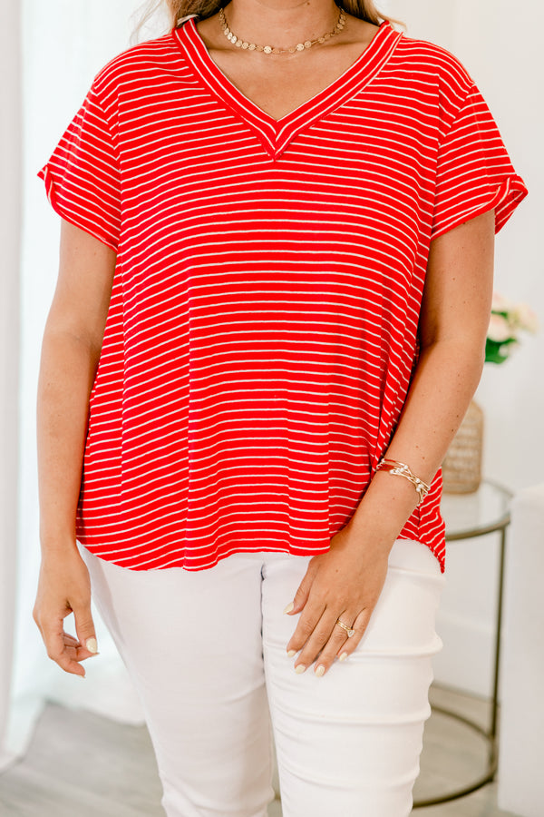 Chic Soul plus size clothing, tomato red and white striped short sleeve casual comfy top