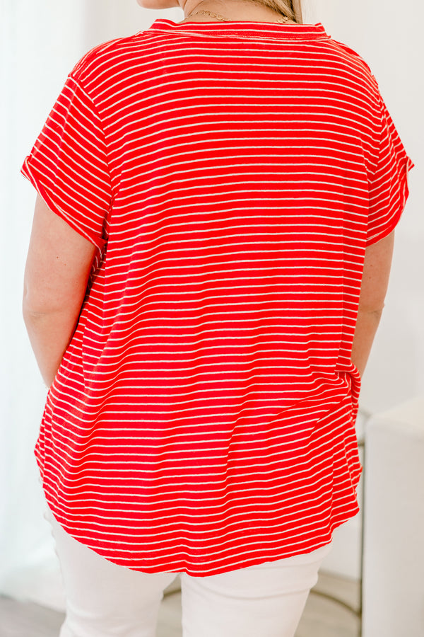 Chic Soul plus size clothing, tomato red and white striped short sleeve casual comfy top