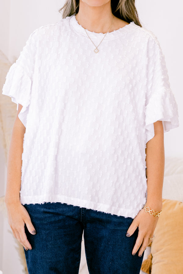 Chic Soul plus size clothing, white short sleeve textured dotted print top with ruffle detail on bottom of sleeves with round neckline