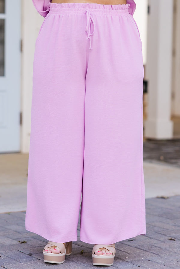 Chic Soul plus size clothing, lilac straight leg flowy pants with drawstring waist
