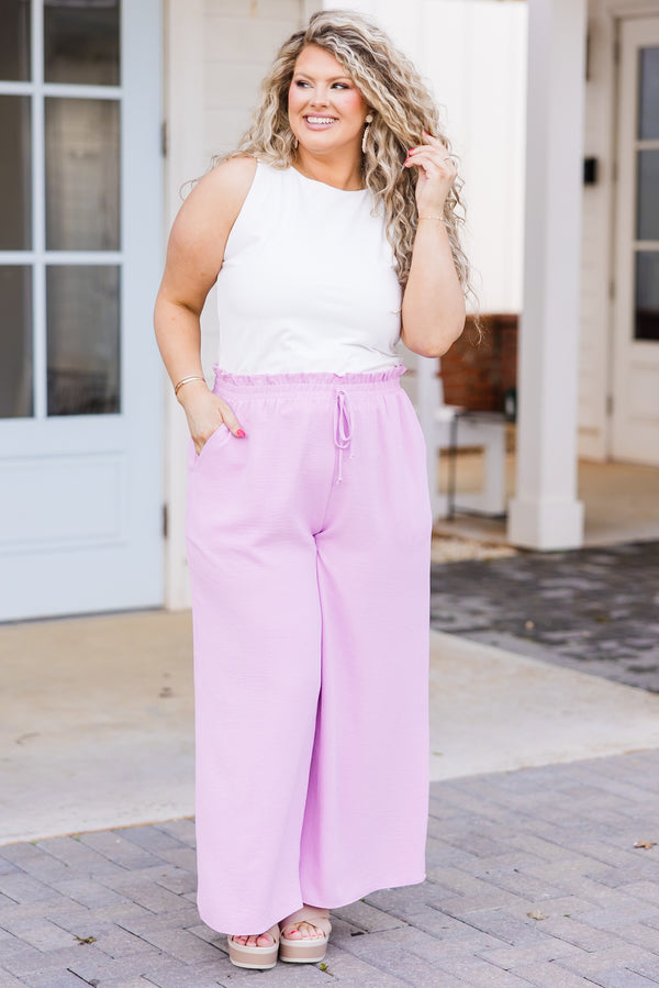 Chic Soul plus size clothing, lilac straight leg flowy pants with drawstring waist