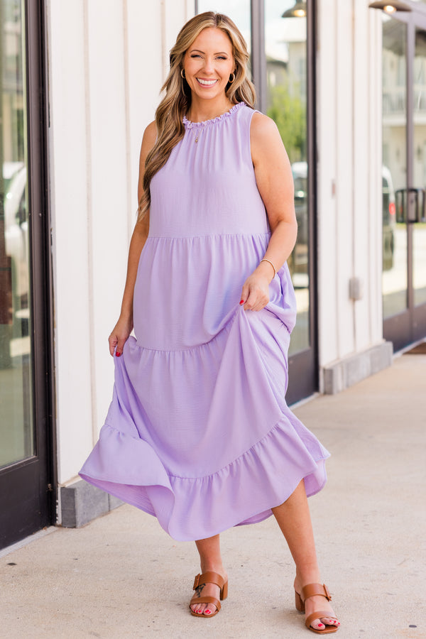 Chic Soul plus size clothing, sleeveless smocked halter neckline ruffled lavender maxi dress