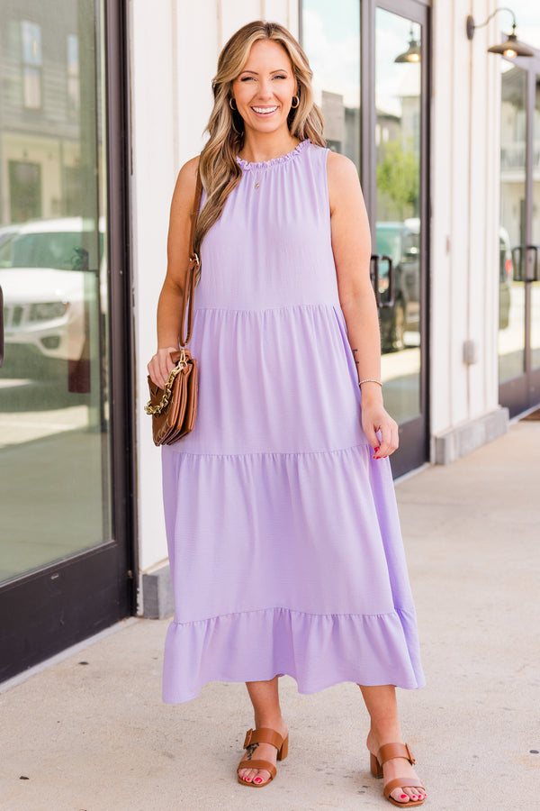 Chic Soul plus size clothing, sleeveless smocked halter neckline ruffled lavender maxi dress