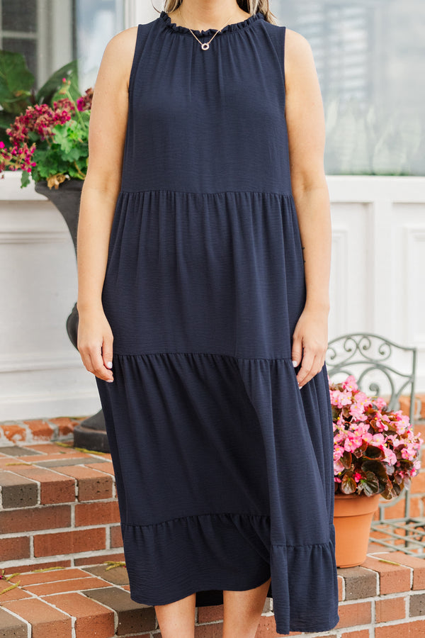 Chic Soul plus size clothing, navy blue tiered halter sleeveless maxi dress