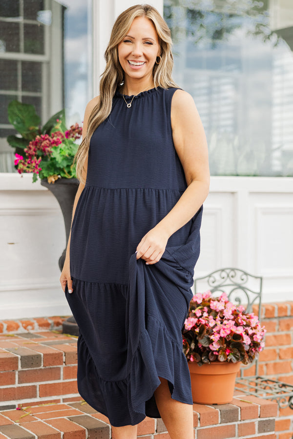 Chic Soul plus size clothing, navy blue tiered halter sleeveless maxi dress