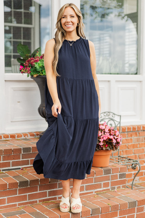 Chic Soul plus size clothing, navy blue tiered halter sleeveless maxi dress