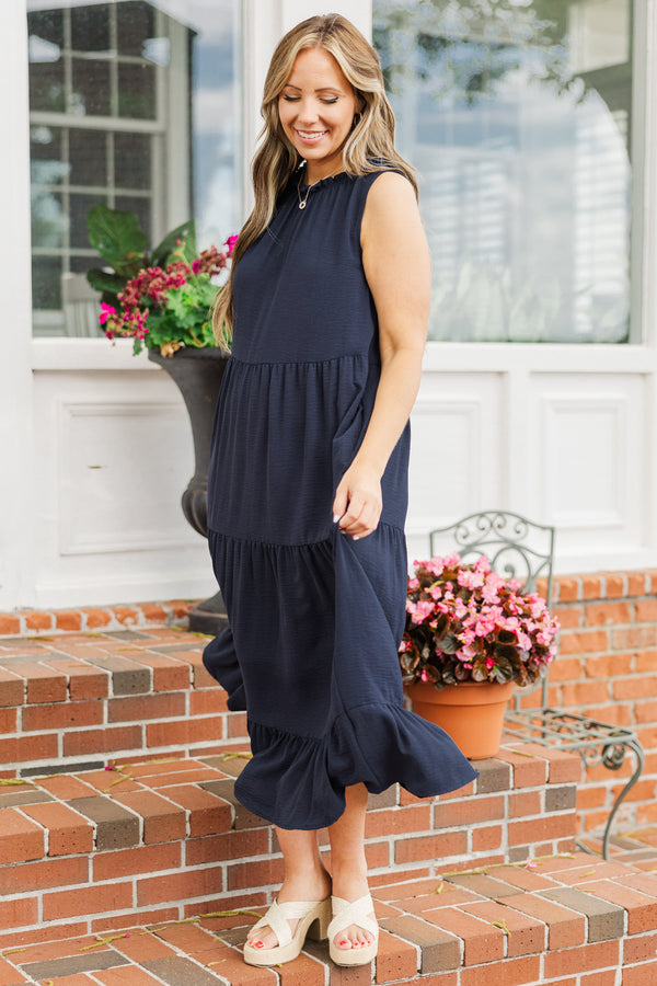Chic Soul plus size clothing, navy blue tiered halter sleeveless maxi dress