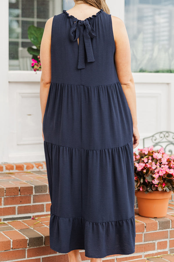 Chic Soul plus size clothing, navy blue tiered halter sleeveless maxi dress