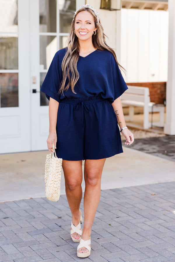 Chic Soul plus size clothing, flowy navy shorts with stretchy drawstring waist