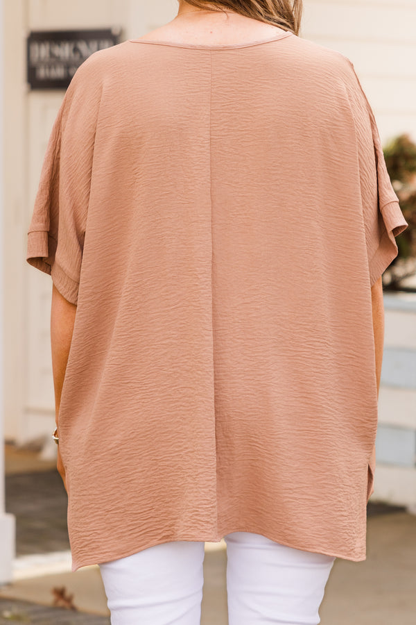 Chic Soul plus size clothing, short sleeve light mocha top with v neckline and cuff sleeves