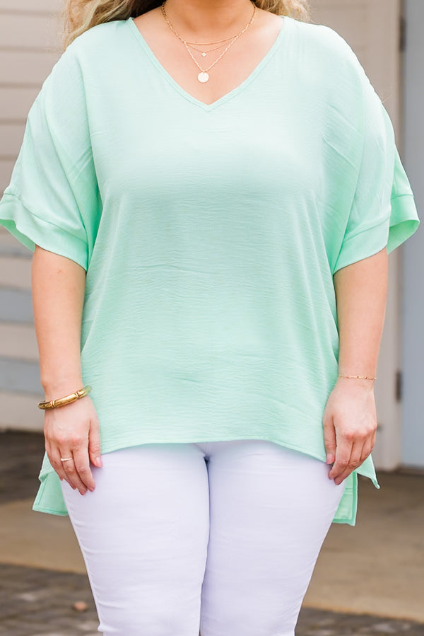 Chic Soul plus size clothing, mint short sleeve top with v neckline with cuff sleeves