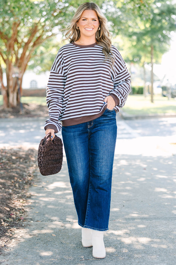 Plus Size brown and light blue horizontal striped pullover with a crew neck and ribbed trim.