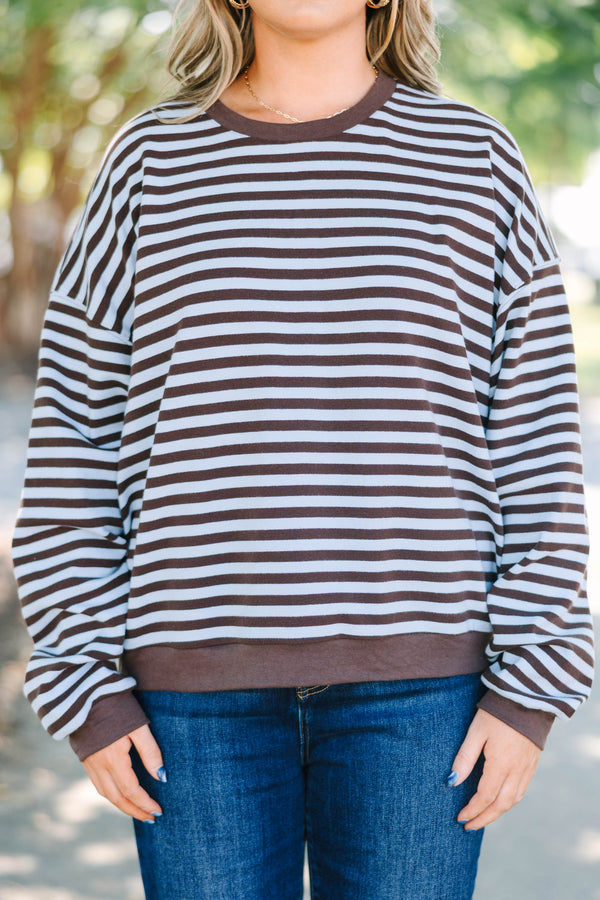 Plus Size brown and light blue horizontal striped pullover with a crew neck and ribbed trim.