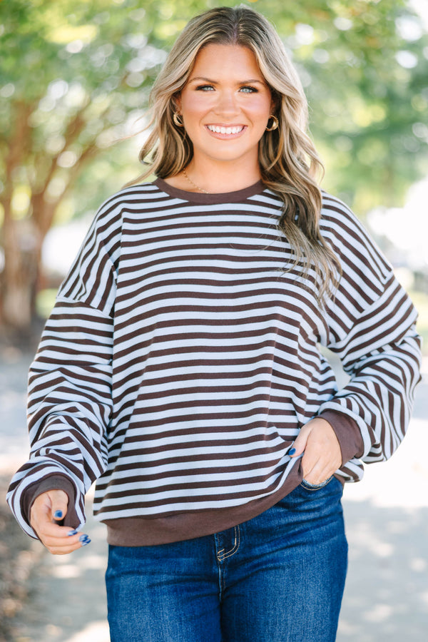 Plus Size brown and light blue horizontal striped pullover with a crew neck and ribbed trim.