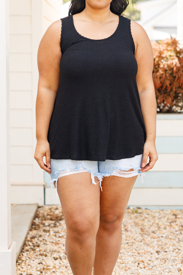 Plus Size black sleeveless tank top with a textured French raised dot print and a scoop neckline.