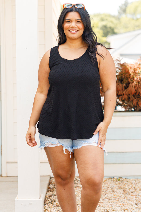 Plus Size black sleeveless tank top with a textured French raised dot print and a scoop neckline.