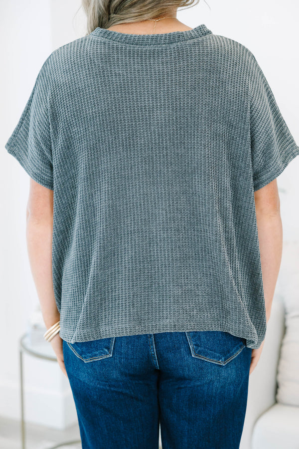 Ash grey textured chenille dolman top with short sleeves and a relaxed, oversized fit.