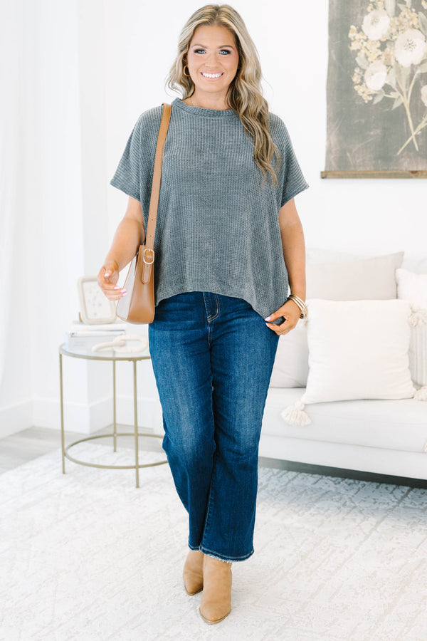 Ash grey textured chenille dolman top with short sleeves and a relaxed, oversized fit.