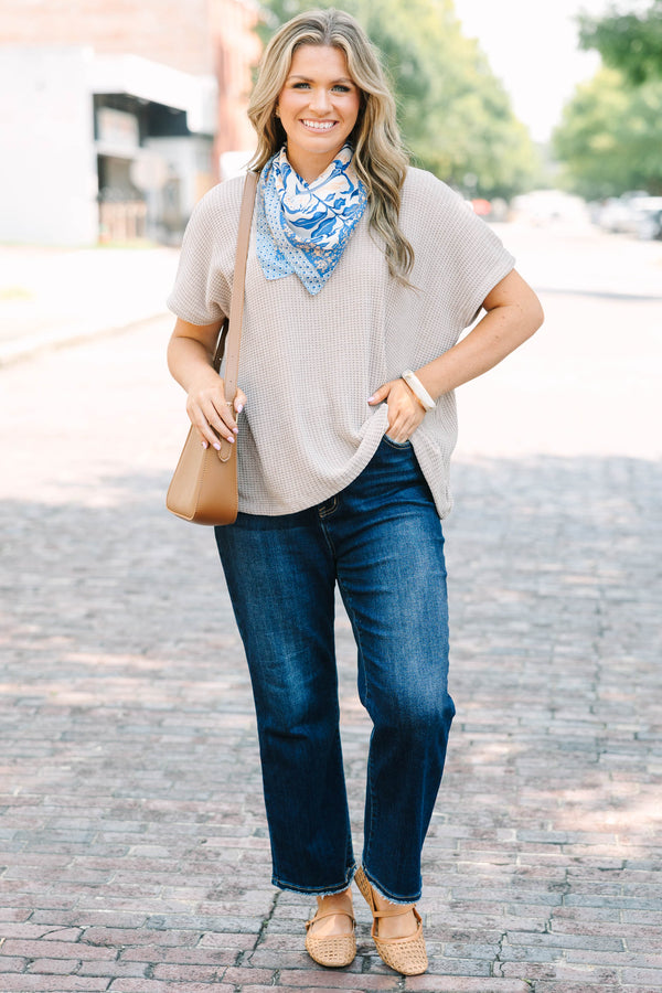 Plus Size ash mocha short sleeve  knit sweater top with a relaxed fit and textured fabric.