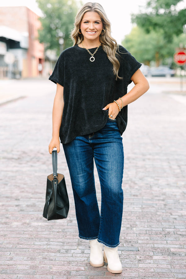 Plus Size black short sleeve chenille knit sweater top with a relaxed fit and textured fabric.