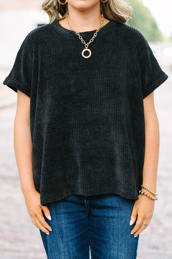 Plus Size black short sleeve chenille knit sweater top with a relaxed fit and textured fabric.