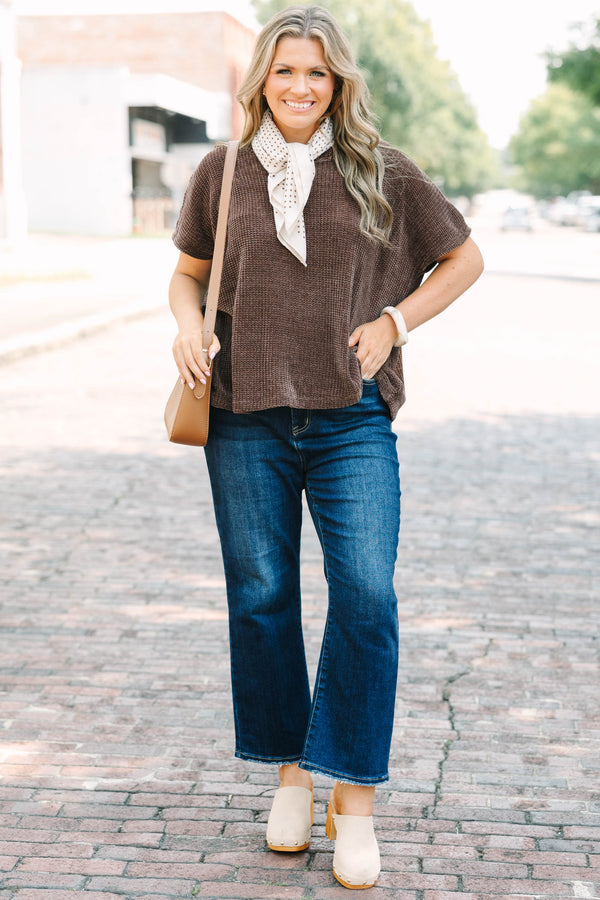 Plus Size chocolate brown waffle knit short sleeve top with a relaxed fit and crew neckline.