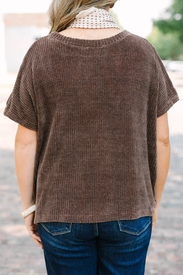 Plus Size chocolate brown waffle knit short sleeve top with a relaxed fit and crew neckline.