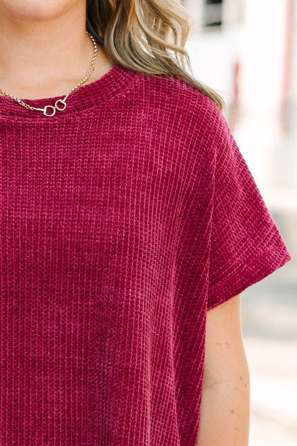 Plus Size dark burgundy short sleeve chenille knit sweater top with a relaxed fit and crew neck.