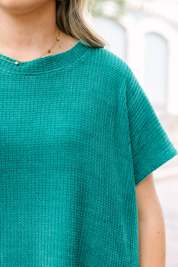 Plus Size hunter green short sleeve chenille knit sweater top with a relaxed fit and crew neckline.