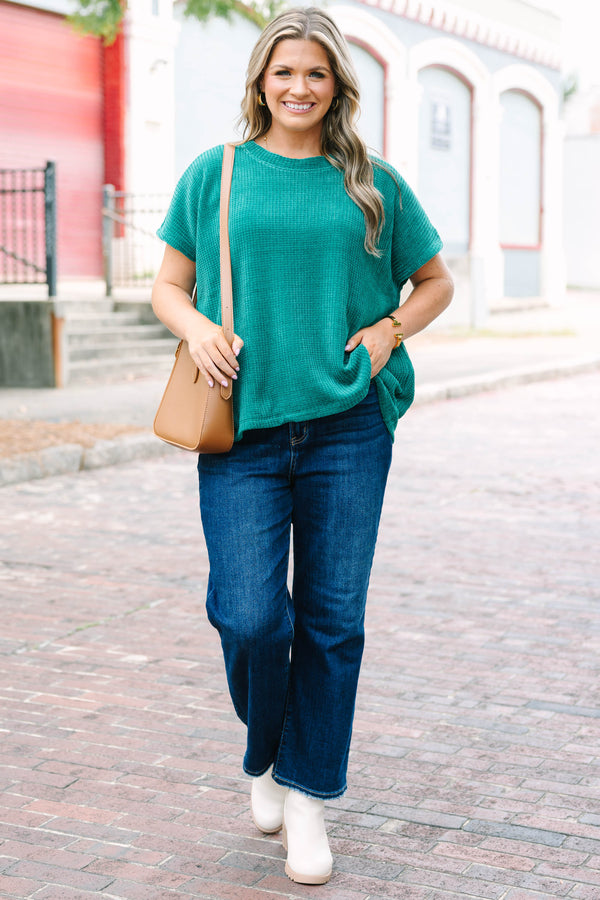 Plus Size hunter green short sleeve chenille knit sweater top with a relaxed fit and crew neckline.