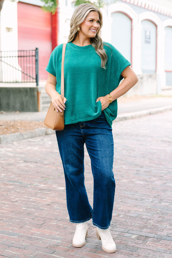 Plus Size hunter green short sleeve chenille knit sweater top with a relaxed fit and crew neckline.