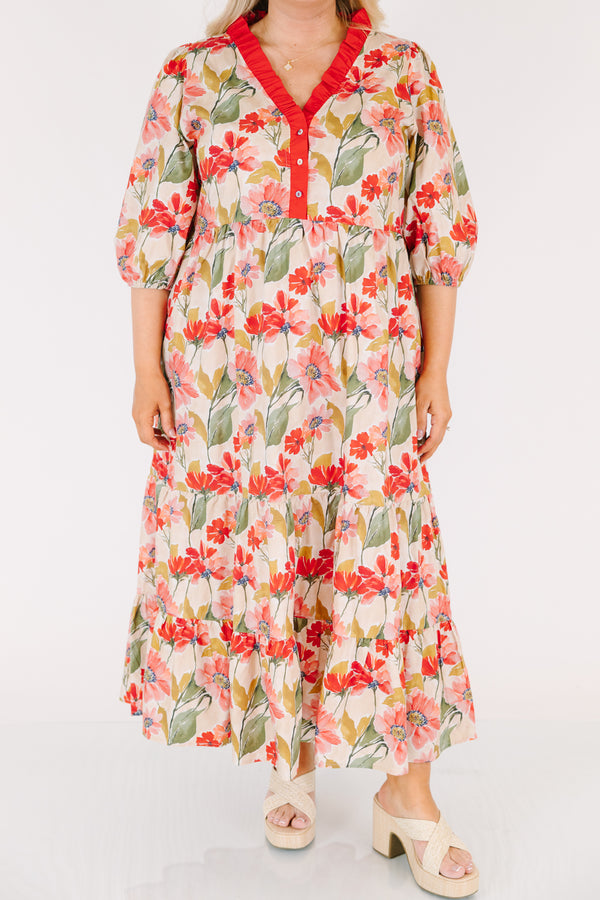 Chic Soul plus size clothing, fuchsia tiered maxi dress with bubble sleeves a floral pattern and a red ruffle detail going along the v-neckline and down to the bottom of the chest as well as buttons going down the center of the chest 