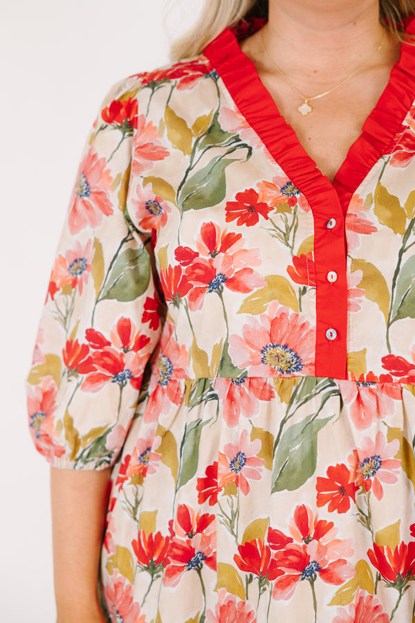 Chic Soul plus size clothing, fuchsia tiered maxi dress with bubble sleeves a floral pattern and a red ruffle detail going along the v-neckline and down to the bottom of the chest as well as buttons going down the center of the chest 