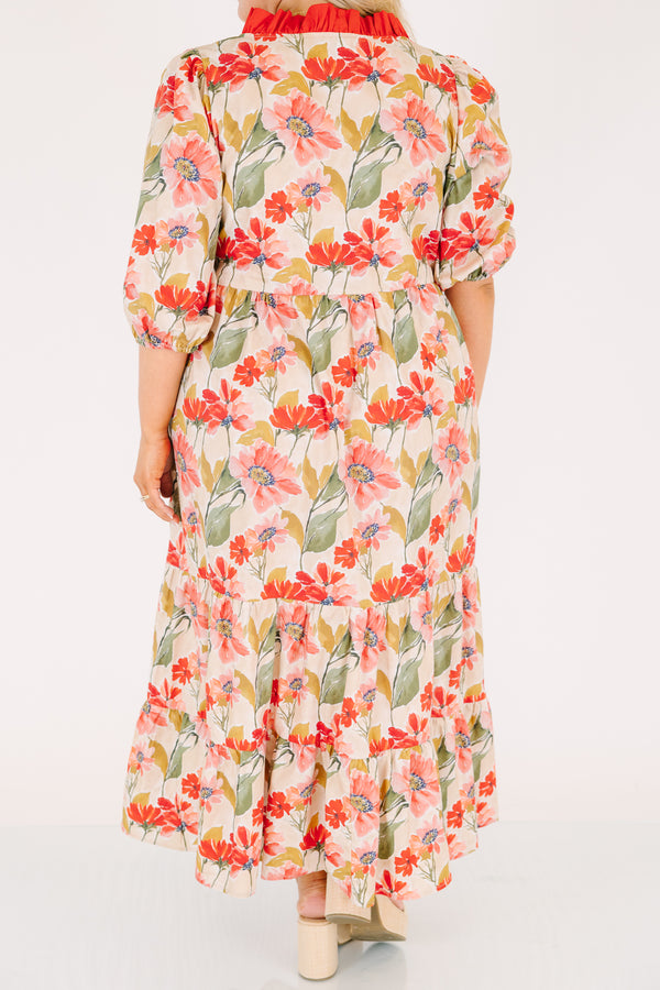 Chic Soul plus size clothing, fuchsia tiered maxi dress with bubble sleeves a floral pattern and a red ruffle detail going along the v-neckline and down to the bottom of the chest as well as buttons going down the center of the chest 