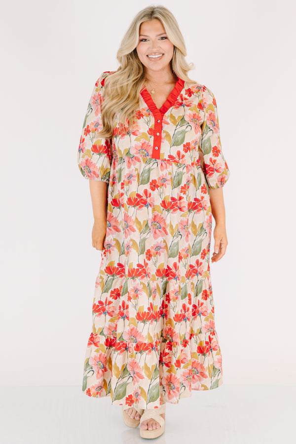 Chic Soul plus size clothing, fuchsia tiered maxi dress with bubble sleeves a floral pattern and a red ruffle detail going along the v-neckline and down to the bottom of the chest as well as buttons going down the center of the chest 