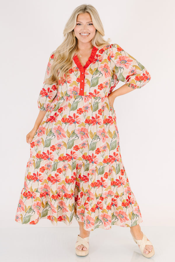 Chic Soul plus size clothing, fuchsia tiered maxi dress with bubble sleeves a floral pattern and a red ruffle detail going along the v-neckline and down to the bottom of the chest as well as buttons going down the center of the chest 