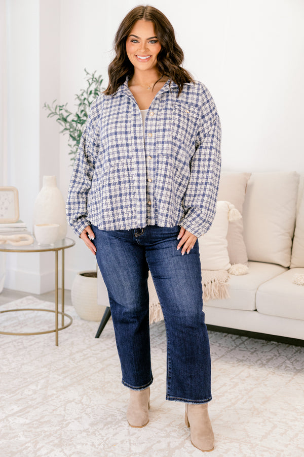 Chic Soul plus size clothing, navy and white plaid tweed collared boxy fit jacket