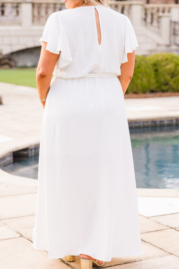 Chic Soul plus size clothing, white short sleeve maxi dress with slit on the side with ruffle sleeves and v neckline with tie waist