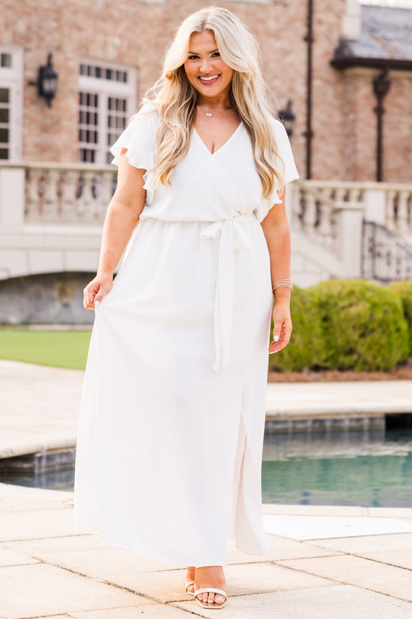 Chic Soul plus size clothing, white short sleeve maxi dress with slit on the side with ruffle sleeves and v neckline with tie waist